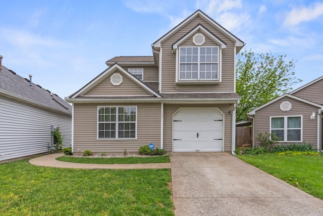 traditional home with fence, a front yard, a shingled roof, concrete driveway, and an attached garage