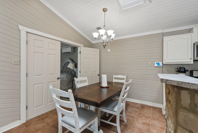 dining area featuring an inviting chandelier, tile patterned flooring, a wall mounted AC, vaulted ceiling, and wooden walls