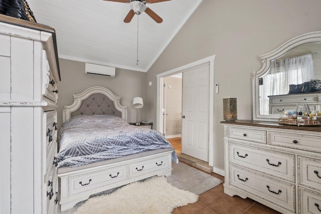 bedroom featuring dark tile patterned floors, ceiling fan, a wall unit AC, and lofted ceiling