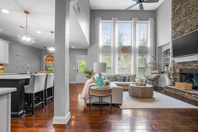 823 Lochmere Pl, Lexington, KY 40509 - living room with a ceiling fan, dark wood finished floors, healthy amount of natural light, a high ceiling, and recessed lighting