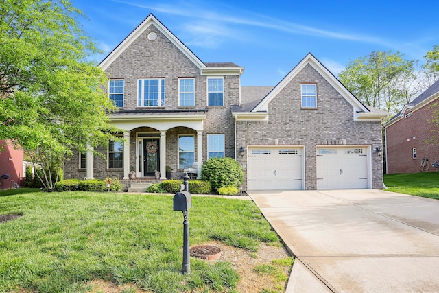 823 Lochmere Pl, Lexington, KY 40509 - traditional-style house featuring driveway, a front lawn, an attached garage, brick siding, and a porch