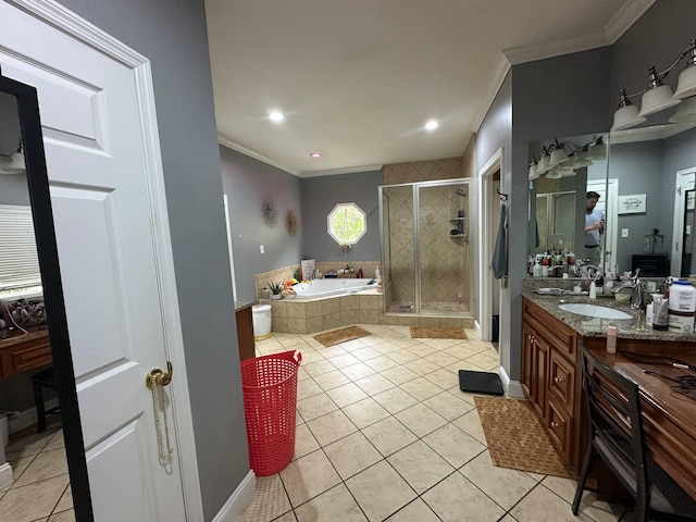 full bath featuring a bath, crown molding, tile patterned flooring, a stall shower, and vanity