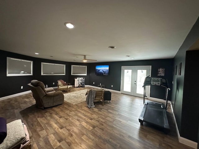 living room featuring wood finished floors, baseboards, recessed lighting, french doors, and a ceiling fan