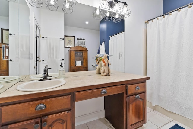 bathroom featuring vanity, tile patterned flooring, recessed lighting, and a shower with shower curtain
