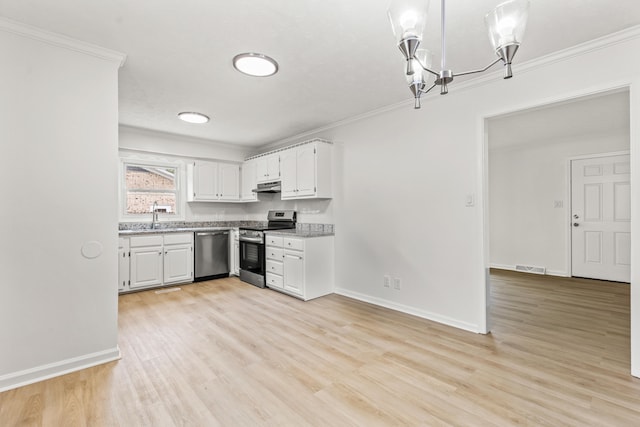 kitchen with appliances with stainless steel finishes, light countertops, white cabinetry, visible vents, and ornamental molding