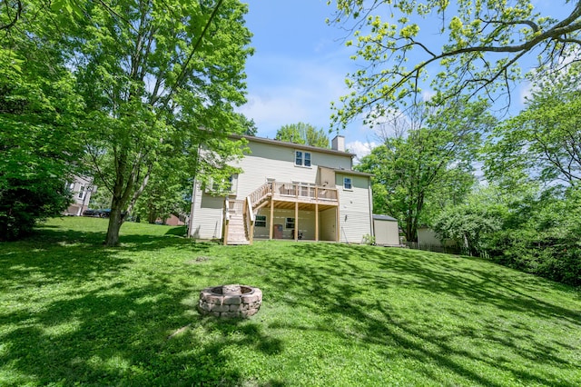4805 Laurel Creek Cir, Lexington, KY 40515 - back of house featuring stairs, a deck, an outdoor fire pit, a chimney, and a lawn