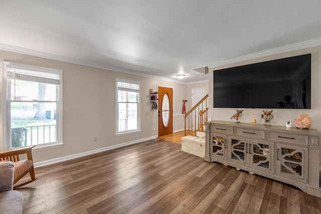 4805 Laurel Creek Cir, Lexington, KY 40515 - living area featuring stairs, wood finished floors, ornamental molding, and baseboards