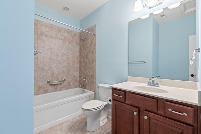 full bathroom featuring vanity, toilet, tile patterned floors, shower / washtub combination, and visible vents