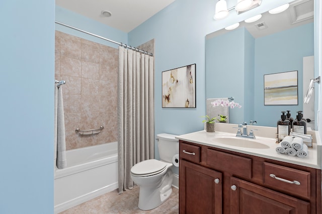 full bath featuring vanity, toilet, tile patterned floors, shower / tub combo, and visible vents