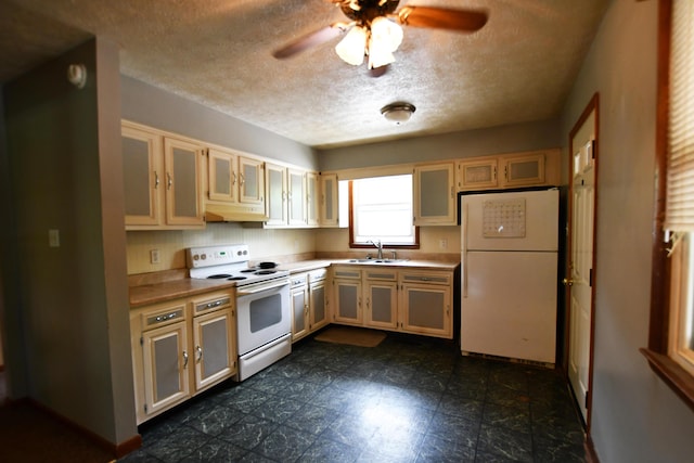 215 Stacy Lane Rd, Irvine, KY 40336 - kitchen with white appliances, a sink, under cabinet range hood, ceiling fan, and light countertops