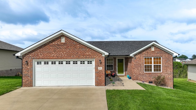single story home with concrete driveway, brick siding, a front yard, and a garage