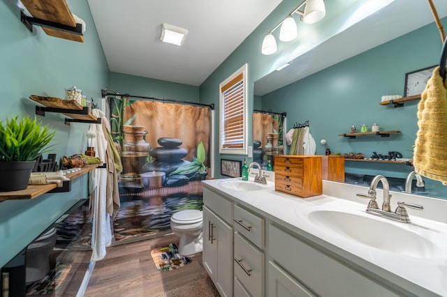 bathroom with double vanity, toilet, a sink, and wood finished floors