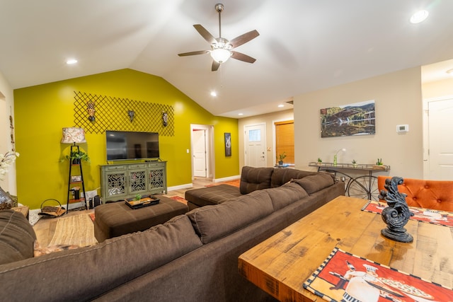 living area with recessed lighting, ceiling fan, baseboards, and lofted ceiling