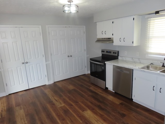 kitchen featuring a sink, under cabinet range hood, dark wood-style floors, and stainless steel appliances
