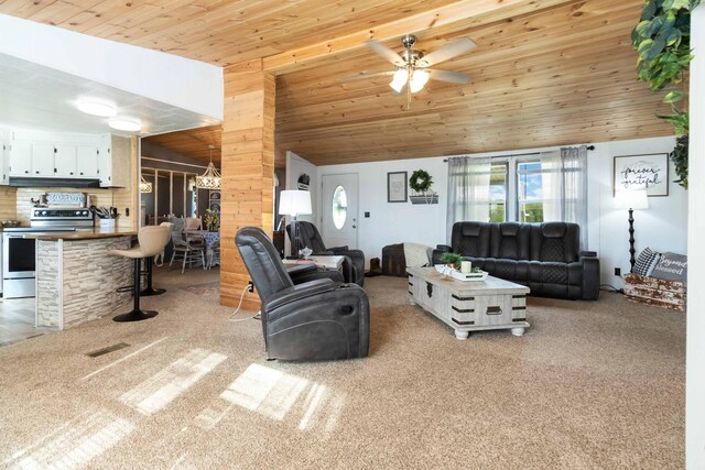 2805 W W Ridge Rd, Eubank, KY 42567 - living room with wood ceiling, a ceiling fan, visible vents, lofted ceiling, and carpet flooring