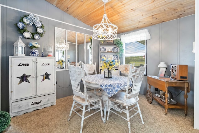2805 W W Ridge Rd, Eubank, KY 42567 - dining space with a decorative wall, a chandelier, wooden ceiling, carpet flooring, and vaulted ceiling