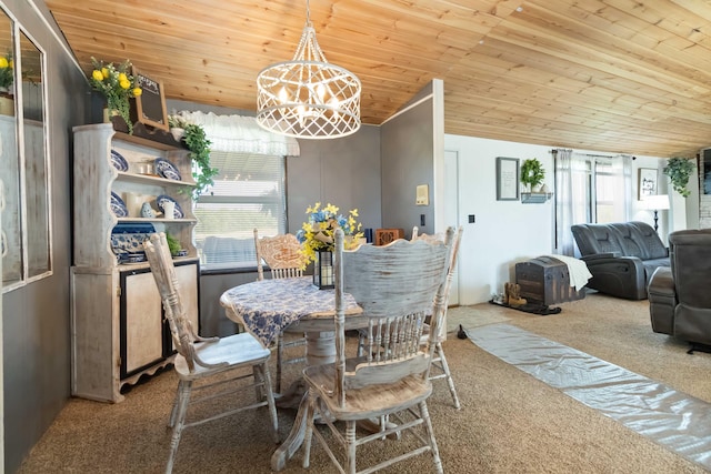 2805 W W Ridge Rd, Eubank, KY 42567 - carpeted dining area with wood ceiling and a notable chandelier