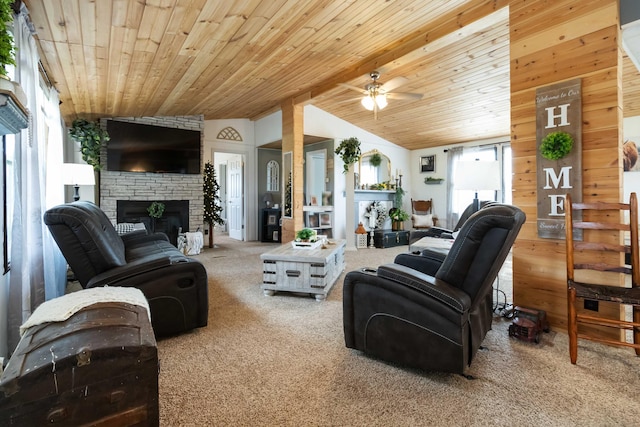 2805 W W Ridge Rd, Eubank, KY 42567 - carpeted living area with wood ceiling, a fireplace, a ceiling fan, and lofted ceiling