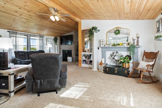2805 W W Ridge Rd, Eubank, KY 42567 - living room featuring carpet flooring, a large fireplace, a ceiling fan, wooden ceiling, and lofted ceiling
