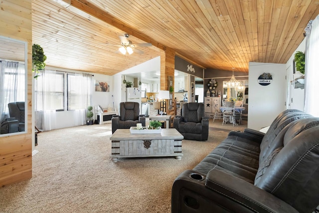 2805 W W Ridge Rd, Eubank, KY 42567 - carpeted living room featuring vaulted ceiling, wooden ceiling, and ceiling fan with notable chandelier