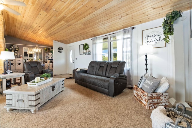 2805 W W Ridge Rd, Eubank, KY 42567 - living room with a notable chandelier, vaulted ceiling, light carpet, and wooden ceiling