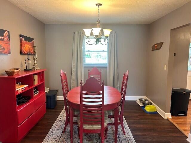 dining area with plenty of natural light, wood finished floors, and an inviting chandelier