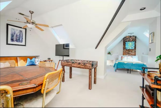 bedroom featuring carpet flooring, visible vents, and lofted ceiling
