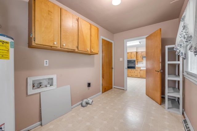 laundry area featuring hookup for a washing machine, light floors, gas water heater, cabinet space, and hookup for an electric dryer