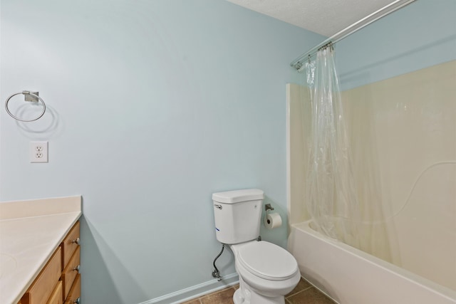 bathroom with toilet, tile patterned flooring, shower / tub combo, and vanity