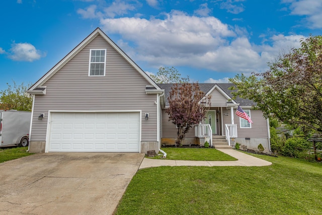 view of front of property with a garage, a front lawn, and concrete driveway