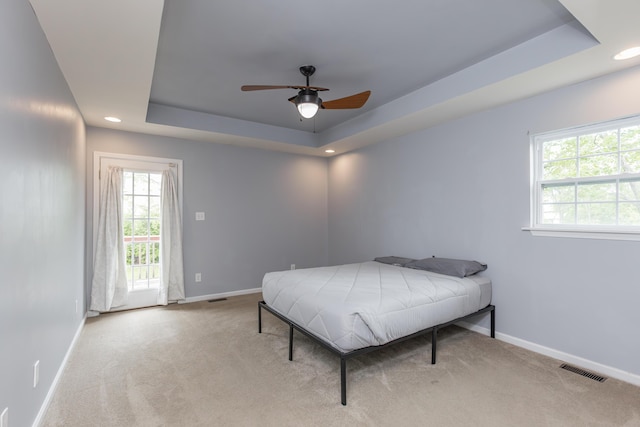 bedroom with baseboards, a raised ceiling, and multiple windows