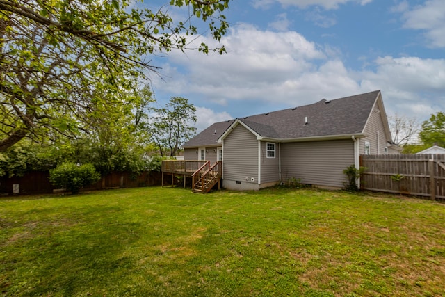 exterior space featuring crawl space, a lawn, a wooden deck, stairway, and a fenced backyard