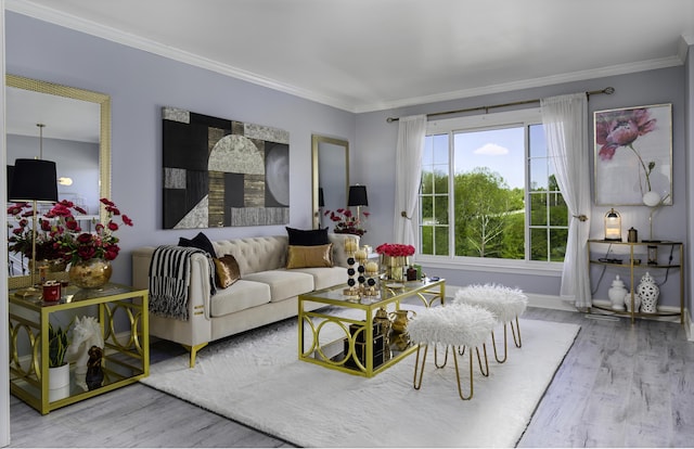 living room with baseboards, ornamental molding, and wood finished floors