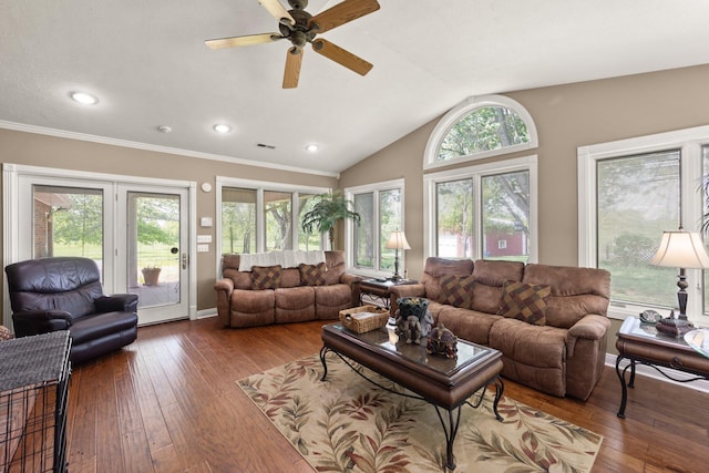 223 Lanetown Rd, Nancy, KY 42544 - living area featuring visible vents, wood-type flooring, a ceiling fan, and lofted ceiling