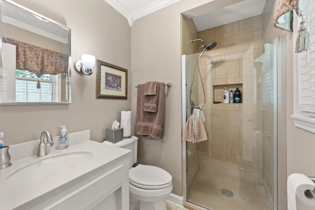 223 Lanetown Rd, Nancy, KY 42544 - bathroom featuring crown molding, vanity, a shower stall, and toilet
