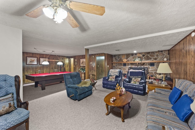 223 Lanetown Rd, Nancy, KY 42544 - carpeted living area with wooden walls, pool table, a ceiling fan, and a textured ceiling