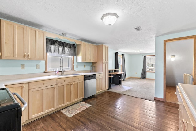 30 Wheeler St, South Shore, KY 41175 - kitchen featuring stainless steel dishwasher, electric range, light brown cabinetry, a textured ceiling, and a sink