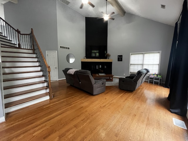 300 Woodlawn Dr, Carrolton, KY 41008 - living area featuring high vaulted ceiling, beam ceiling, wood finished floors, stairs, and ceiling fan