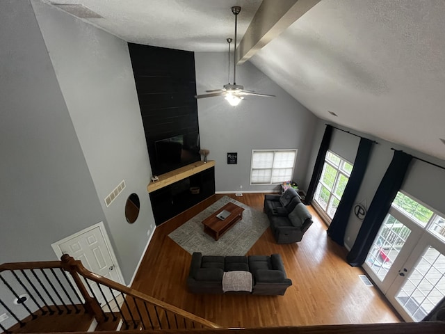 300 Woodlawn Dr, Carrolton, KY 41008 - living area featuring high vaulted ceiling, a ceiling fan, a textured ceiling, light wood finished floors, and beamed ceiling