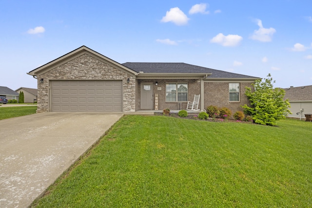 901 Auckland Ave, Richmond, KY 40475 - ranch-style house with concrete driveway, a front lawn, an attached garage, a porch, and a shingled roof