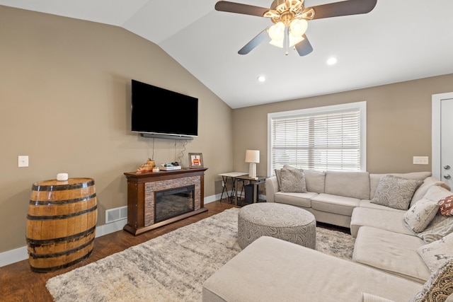 901 Auckland Ave, Richmond, KY 40475 - living area featuring lofted ceiling, ceiling fan, baseboards, recessed lighting, and a stone fireplace