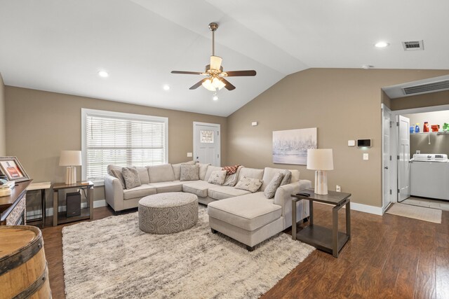 901 Auckland Ave, Richmond, KY 40475 - living room featuring washer / dryer, wood finished floors, a ceiling fan, vaulted ceiling, and baseboards