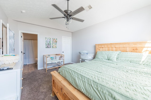 bedroom featuring carpet floors, visible vents, ceiling fan, and lofted ceiling