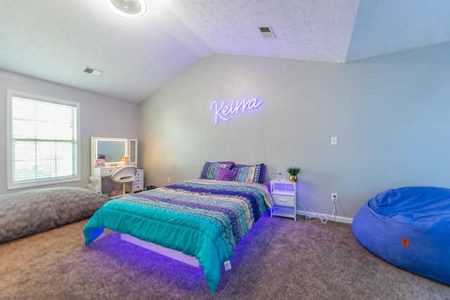 bedroom featuring baseboards, carpet, lofted ceiling, and visible vents