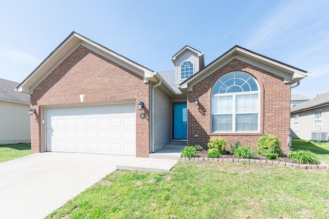 ranch-style home with central AC, a front lawn, brick siding, a garage, and driveway