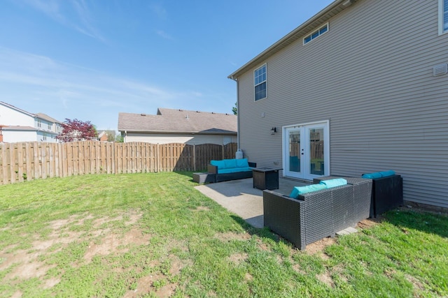 rear view of property with french doors, a patio area, fence, an outdoor hangout area, and a yard