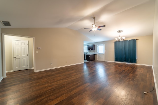 165 Meridian Way, Richmond, KY 40475 - unfurnished living room with visible vents, dark wood-style flooring, baseboards, ceiling fan with notable chandelier, and vaulted ceiling