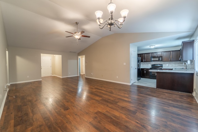 165 Meridian Way, Richmond, KY 40475 - unfurnished living room with wood finished floors, baseboards, a sink, ceiling fan with notable chandelier, and vaulted ceiling