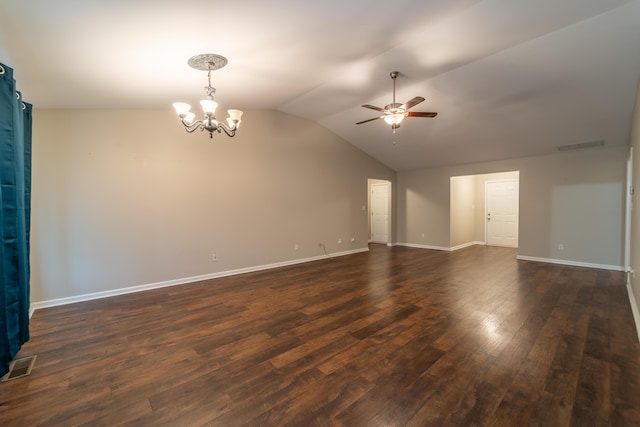 165 Meridian Way, Richmond, KY 40475 - unfurnished room featuring vaulted ceiling, visible vents, ceiling fan with notable chandelier, and dark wood-type flooring