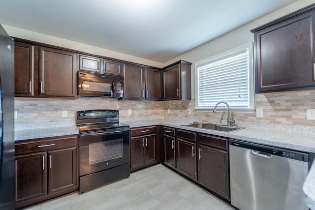 165 Meridian Way, Richmond, KY 40475 - kitchen with dark brown cabinetry, tasteful backsplash, a sink, black appliances, and light floors